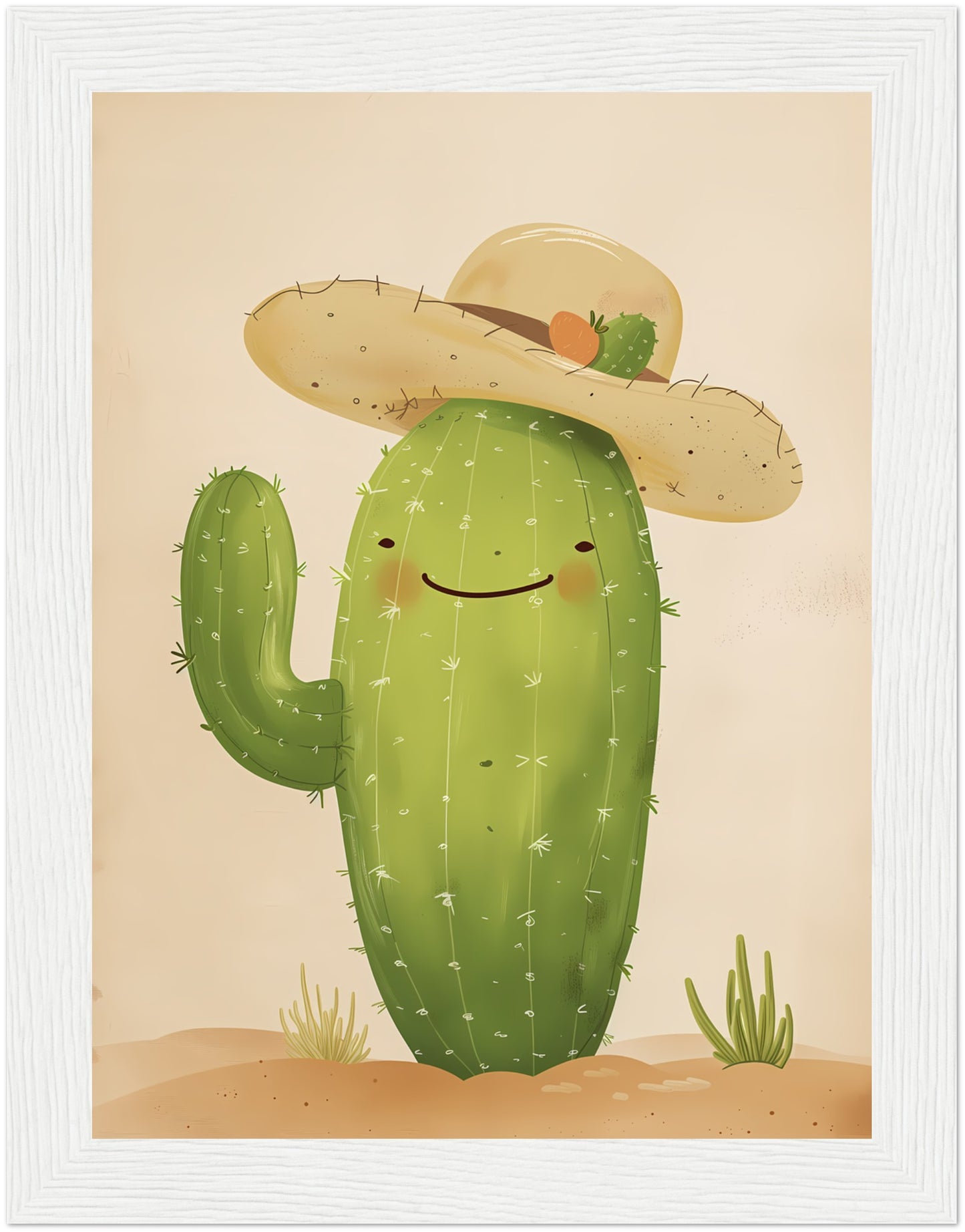 Illustration of a smiling cactus with a hat framed on a wall.