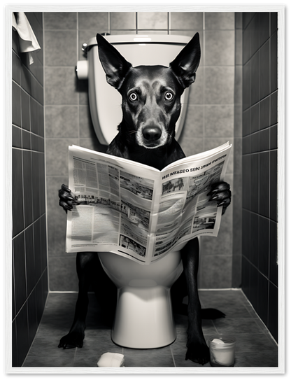 A dog with human hands sitting on a toilet and reading a newspaper.