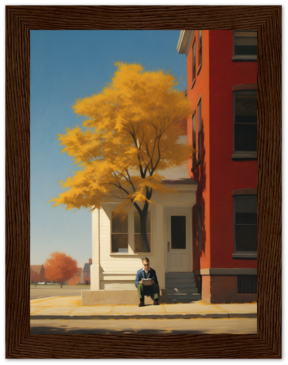 A person sitting on the doorstep of a red building under a yellow-leaved tree.