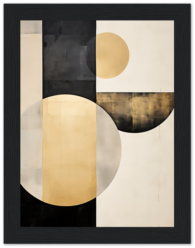 Abstract art with geometric shapes and neutral tones in a black frame.