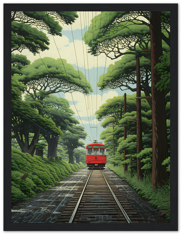 An illustrated red tram traveling down tracks through a lush green forest.