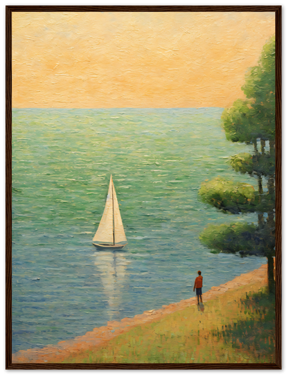 Painting of a person standing by a lake watching a sailboat at sunset.