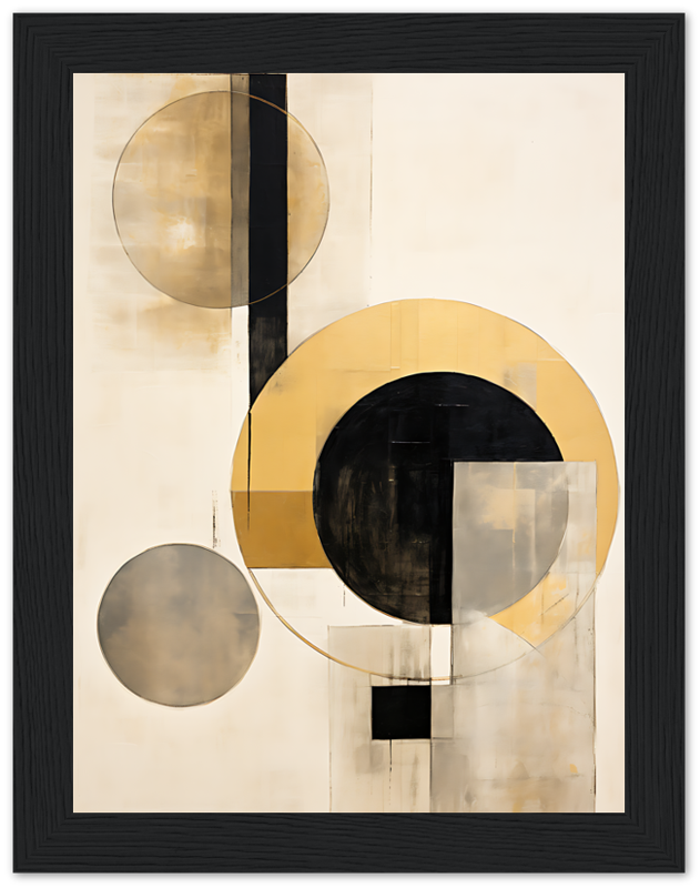 Modern abstract geometric art with circles and rectangles in black, gold, and beige tones with a black frame.