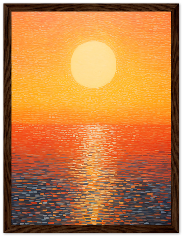 Impressionist style painting of a sunset over water with a wooden frame.