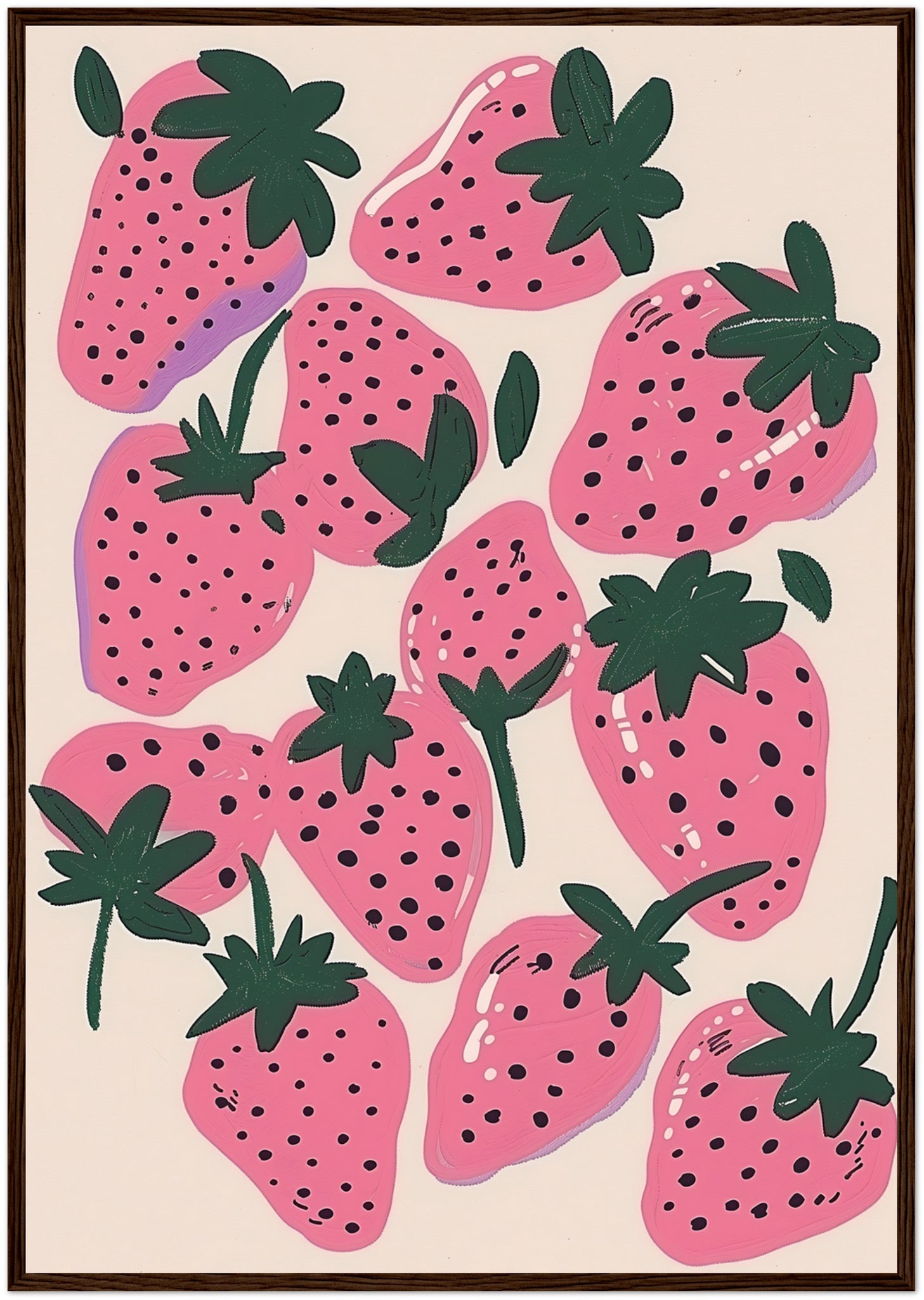 Illustration of stylized pink strawberries with black seeds and green leaves on a light background.