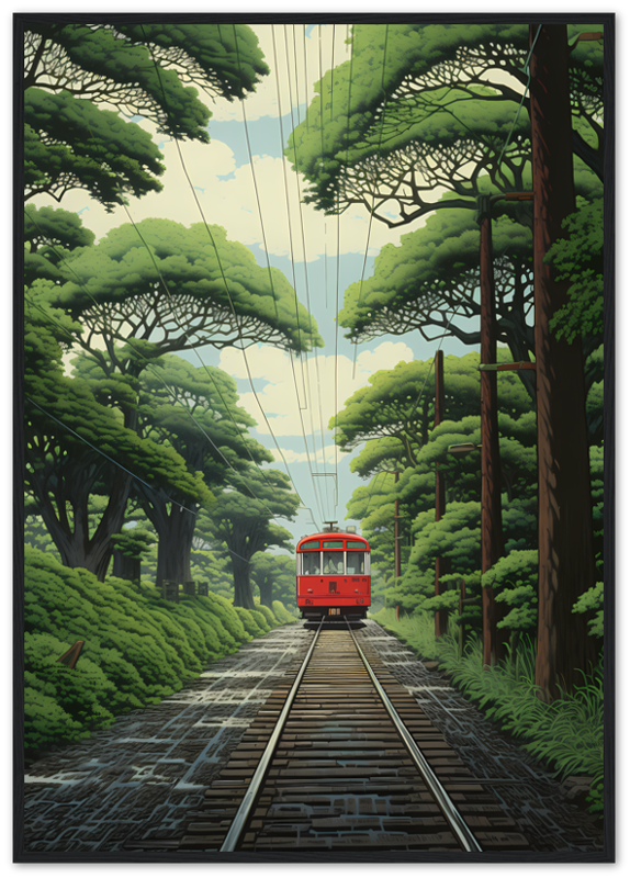 An illustrated red tram traveling down tracks through a lush green forest.