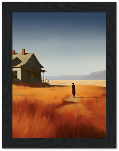 Painting of a person standing in an orange field near a house with mountains in the background.