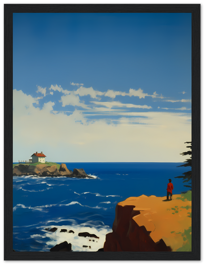 A framed painting of a seaside landscape with a house, rocks and a lone person.