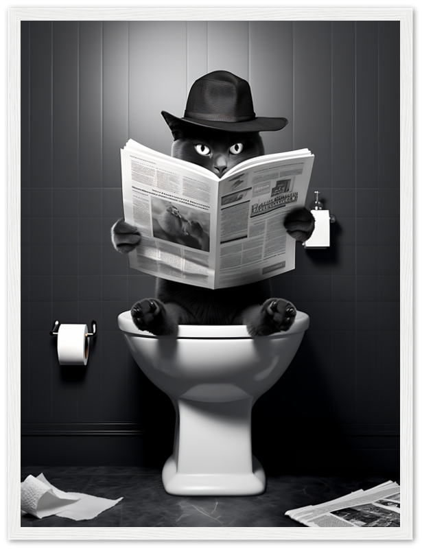 An illustration of a cat wearing a hat, reading a newspaper while sitting on a toilet.