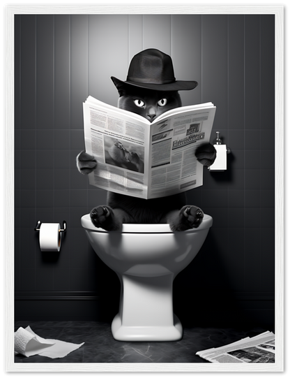 An illustration of a cat wearing a hat, reading a newspaper while sitting on a toilet.