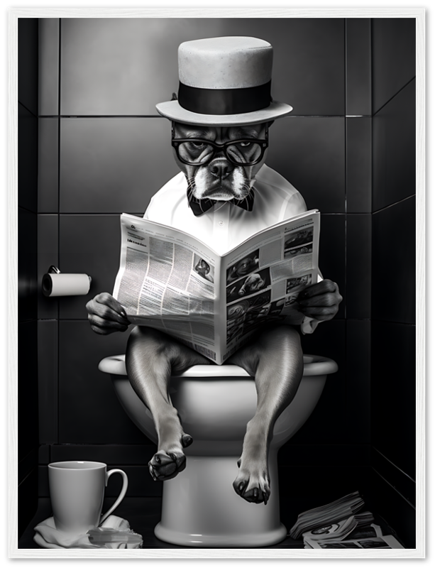 A dog with glasses and a hat reading a newspaper on the toilet.