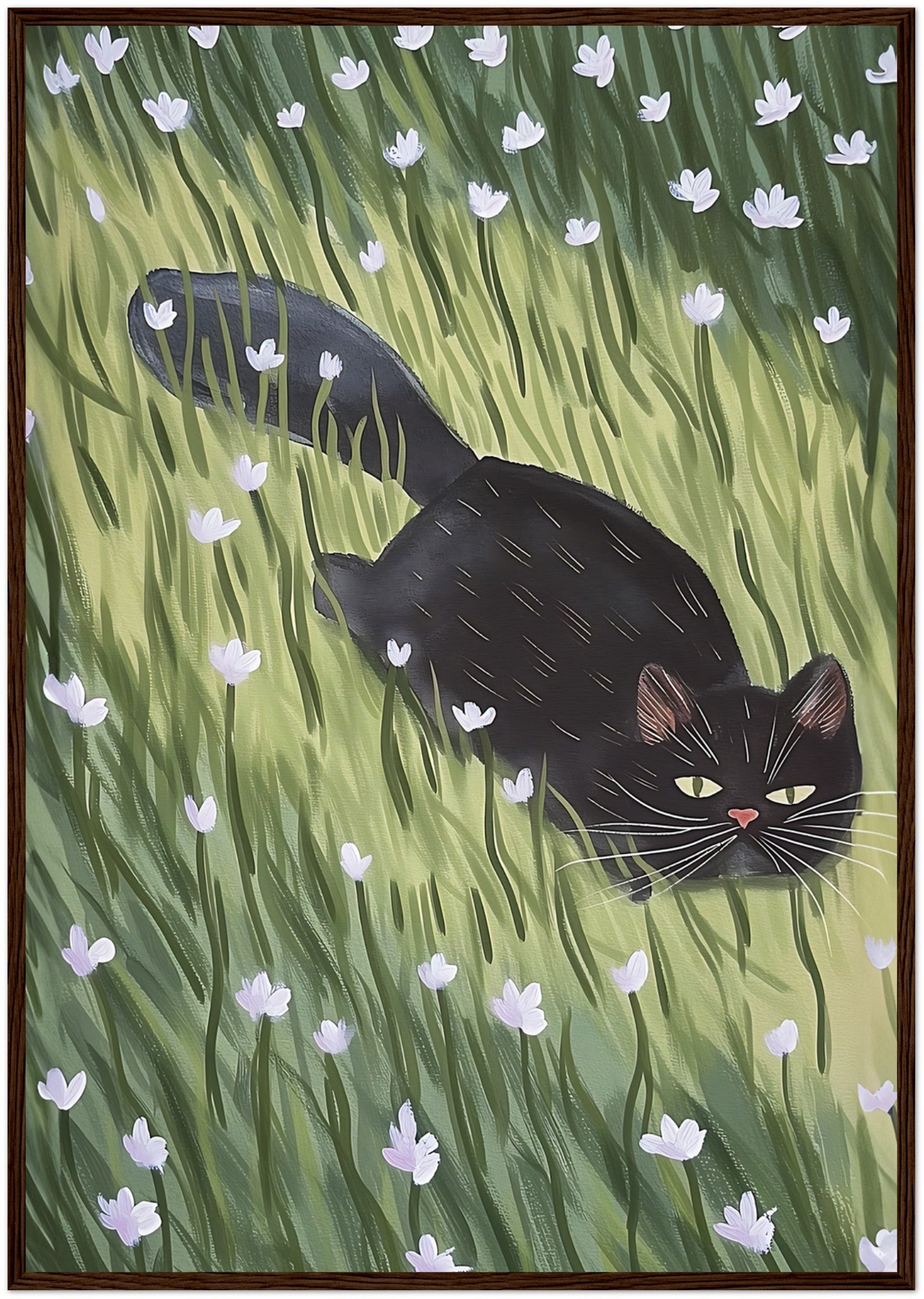 A painting of a black cat walking through a green field with white flowers, framed in wood.