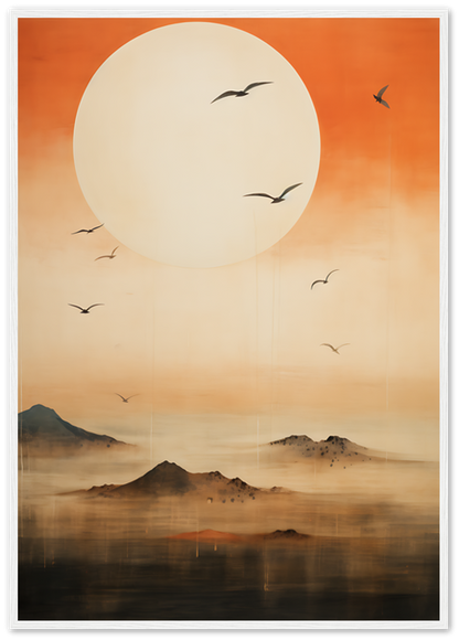 A stylized painting of a large sun with birds flying over misty mountains.
