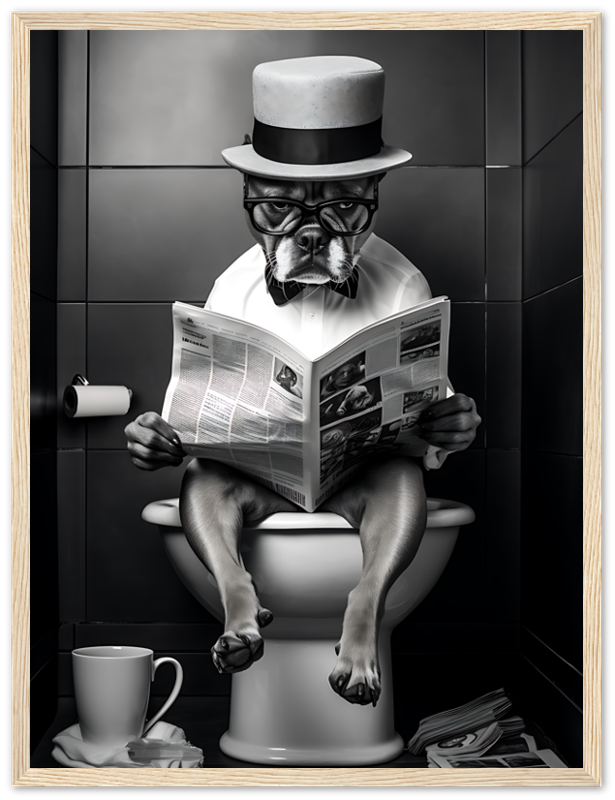 A dog with glasses and a hat reading a newspaper on a toilet.