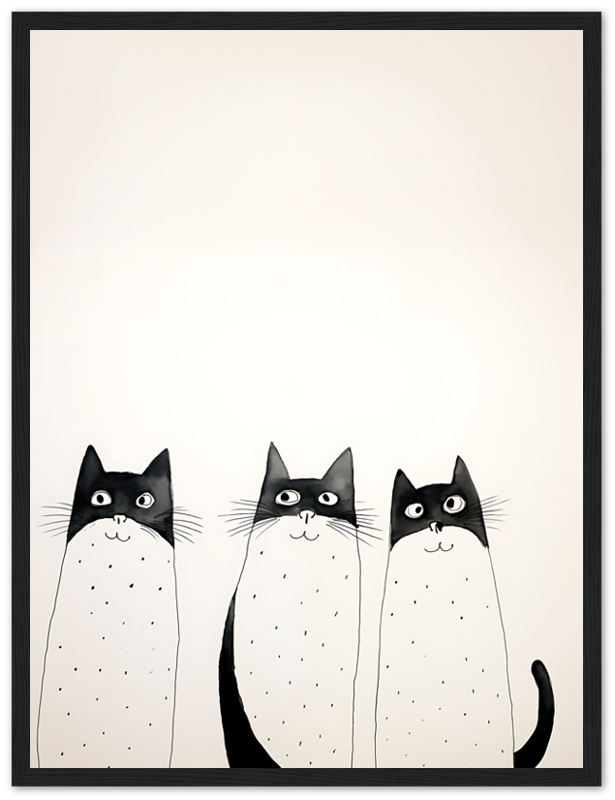 Three cartoon cats with black and white fur standing side by side inside a wooden frame.