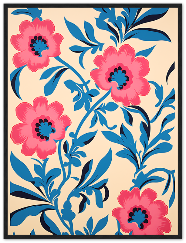Illustration of stylized pink flowers with blue leaves on a cream background.