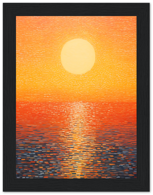 A painting of a sunset with a large yellow sun above a body of water, featuring vivid orange and red tones.