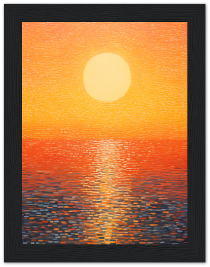 A painting of a sunset with a large yellow sun above a body of water, featuring vivid orange and red tones.