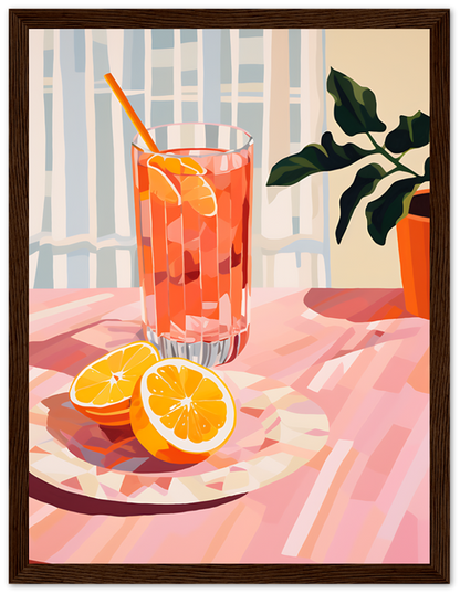 "Framed illustration of a glass of orange drink with a straw, sliced oranges, and a plant."