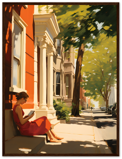 A painting of a person reading on a sunlit city sidewalk.