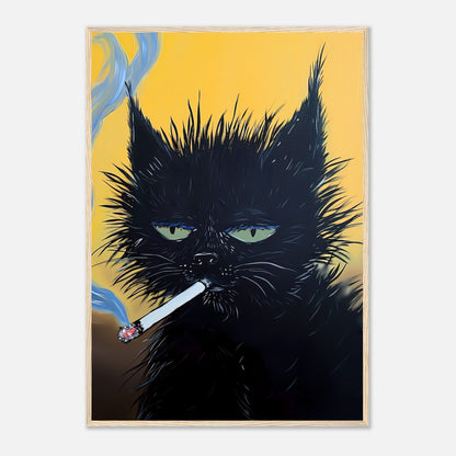 Artwork of a black cat with green eyes smoking a cigarette, against a yellow background.