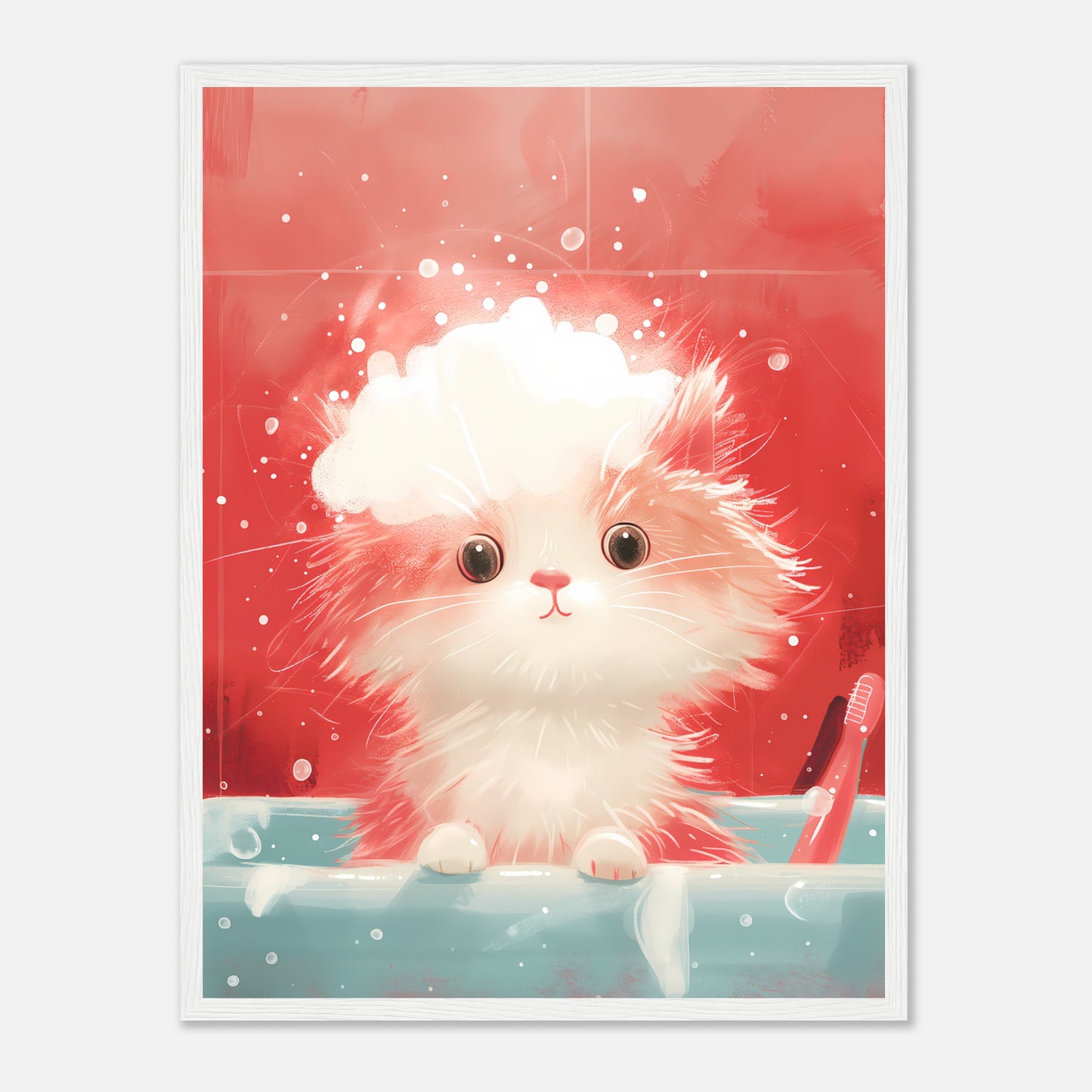 Illustration of a fluffy kitten with wide eyes peeking over a sink's edge.