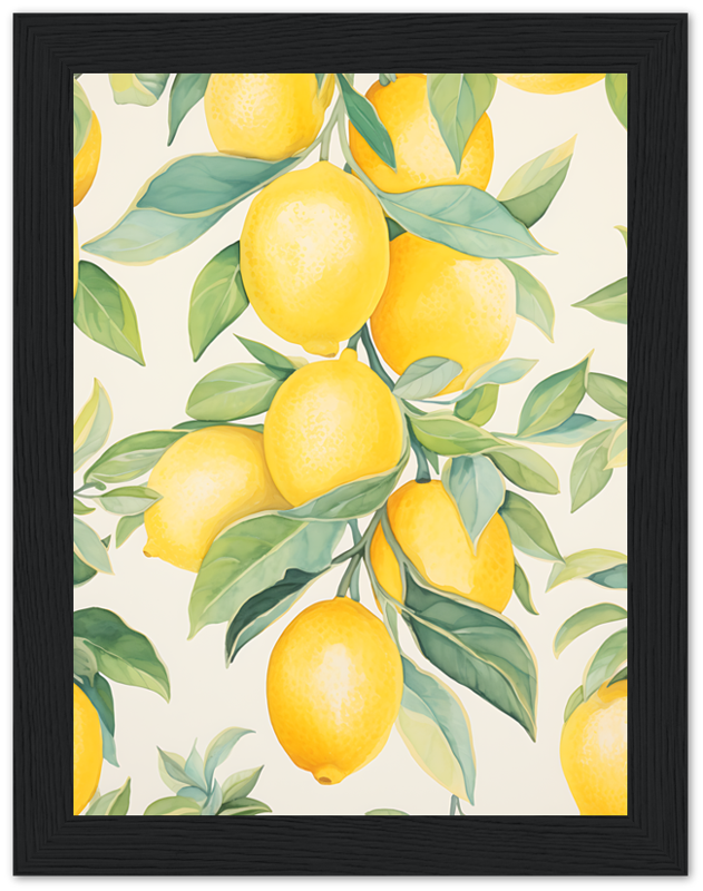 A framed illustration of bright yellow lemons on branches with green leaves.