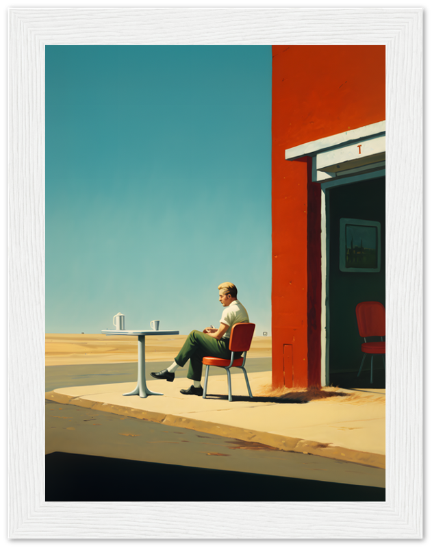 A person sitting by a table outside a building with a bright red wall under a clear sky.