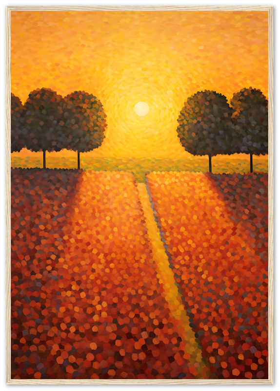 A stylized painting of a sunset over a field with a pathway between trees.