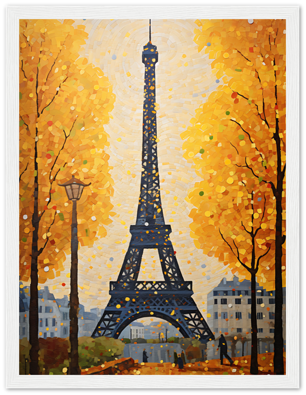 An impressionist-style painting of the Eiffel Tower framed by golden autumn trees.