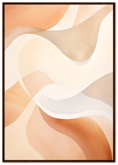 Abstract painting with flowing shapes in warm beige, white, and brown tones, framed.