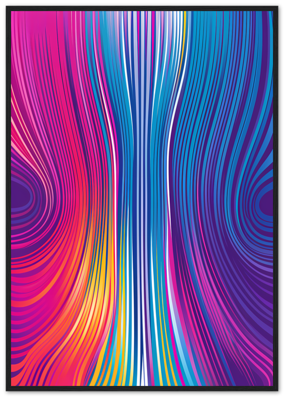 Abstract colorful wavy lines art in a dark wooden frame.