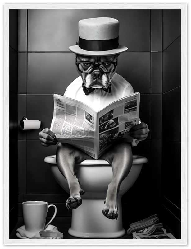 A dog wearing glasses and a hat, reading a newspaper while sitting on a toilet.