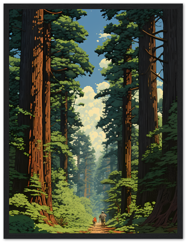Illustration of two people walking on a path through a tall redwood forest.
