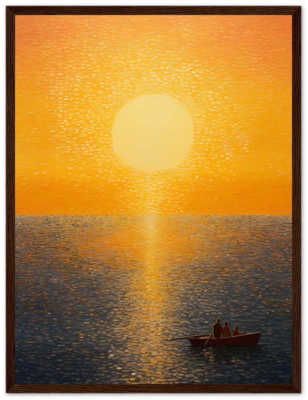 Sunset over water with two people in a boat, framed as a painting.