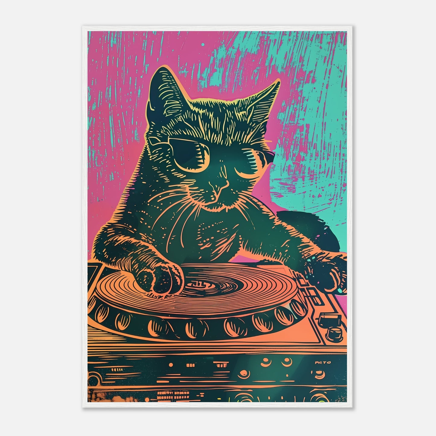 Colorful illustration of a cat DJing on a turntable, framed as artwork.