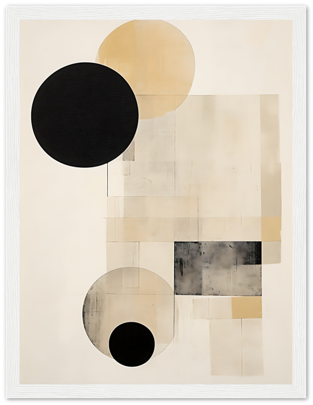 An abstract artwork with geometric shapes in black, gold, and neutral tones.