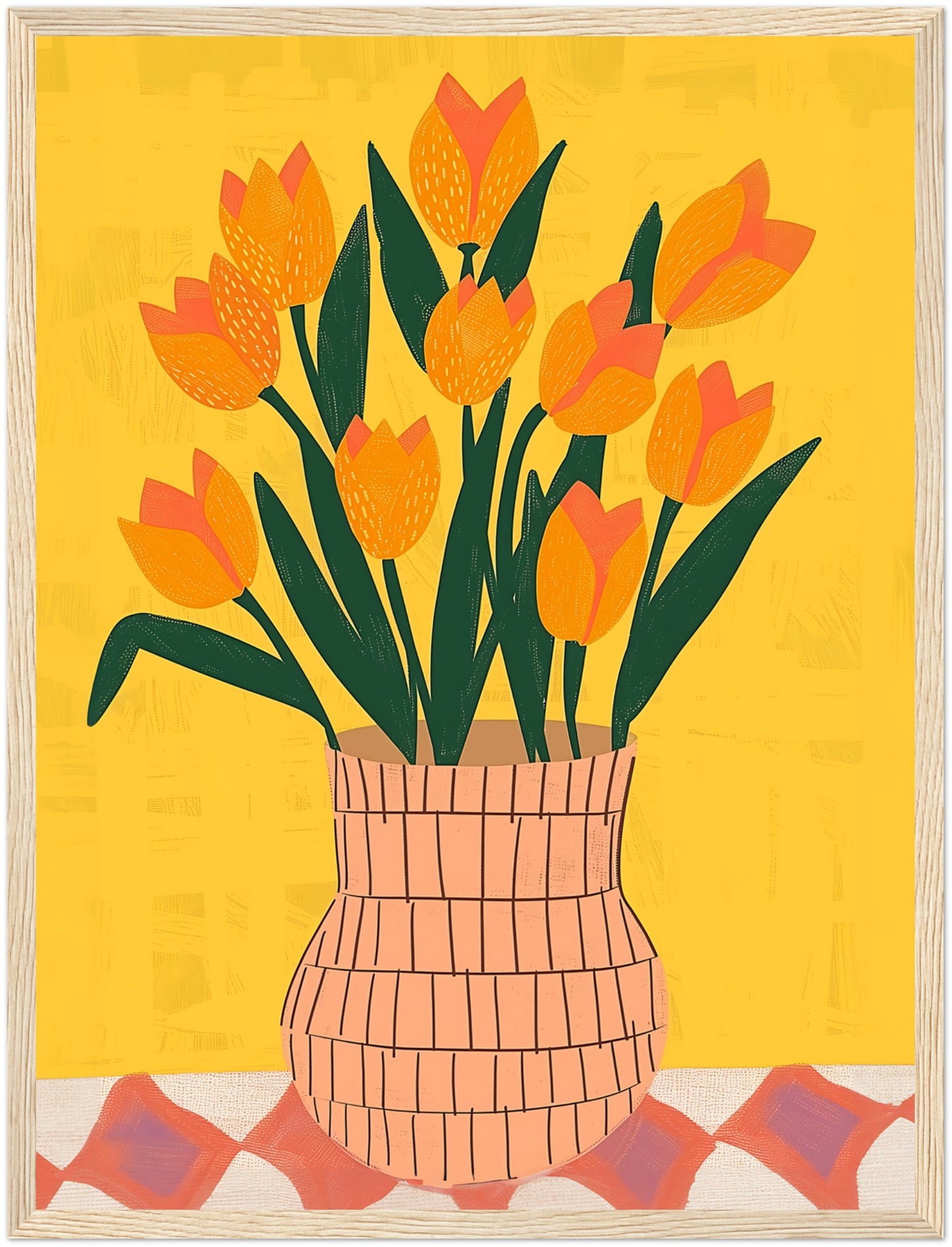 A colorful illustration of a vase with orange tulips on a yellow background.