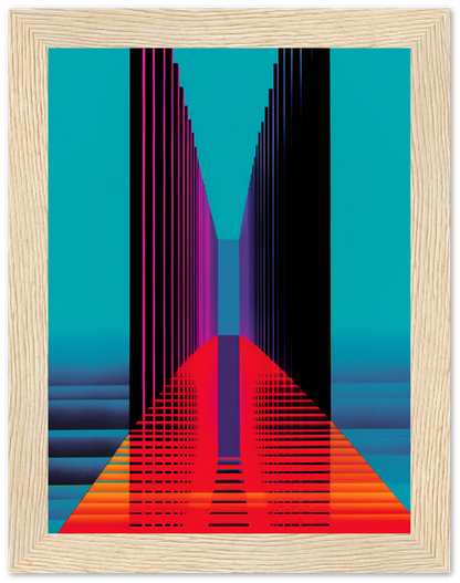 Abstract colorful geometric art with a wooden frame.