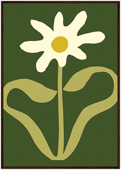 A stylized image of a white flower with a yellow center and green background, framed in brown.