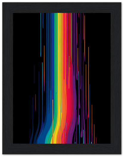 Colorful vertical lines dripping against a black background, framed like artwork.