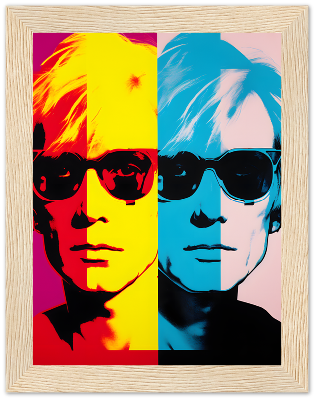 Pop art style portraits with vibrant colors, possibly representing a famous individual.
