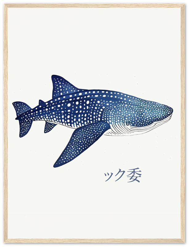 Illustration of a whale shark with Japanese characters below it, framed on a white background.