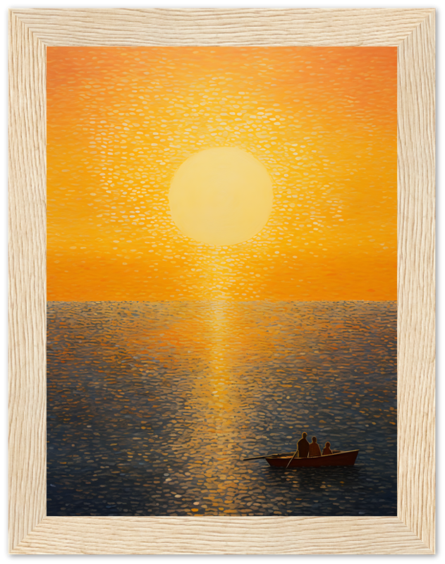 "Painting of two people in a boat on a calm sea at sunset with the sun reflecting on water."