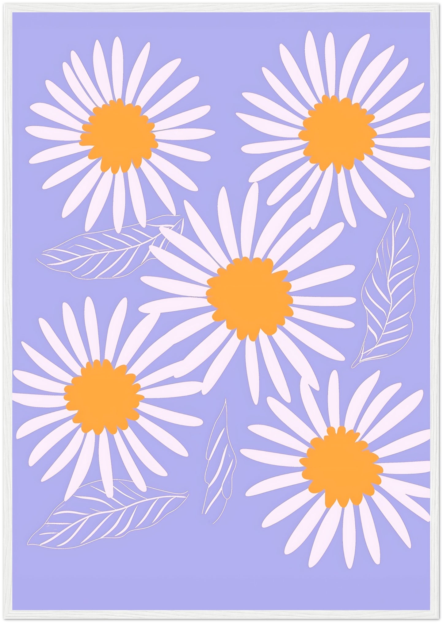 A framed illustration of white daisies with orange centers on a blue background.