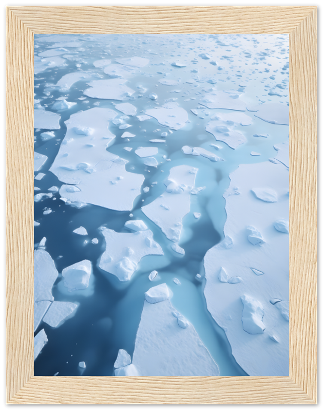 A framed image depicting floating ice on a serene blue sea.