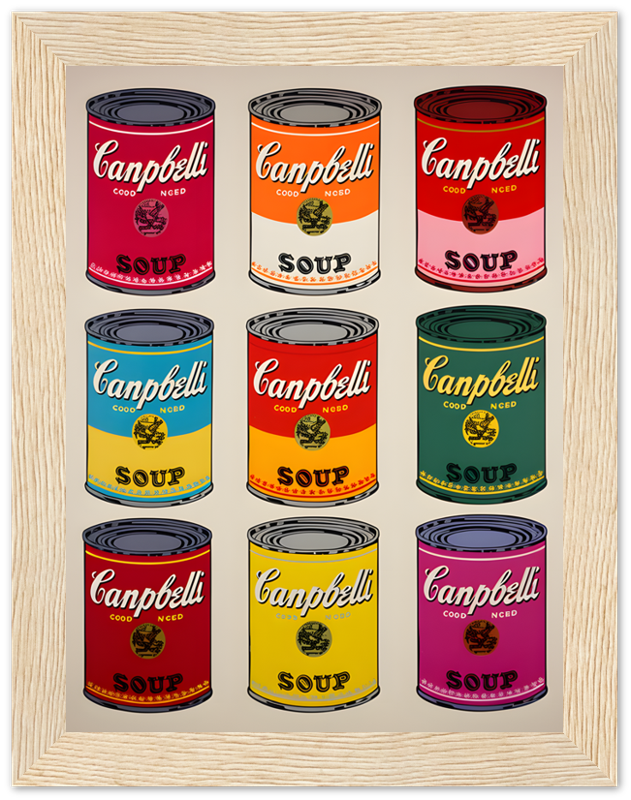 Colorful Andy Warhol-style Campbell's soup can prints on a framed display.