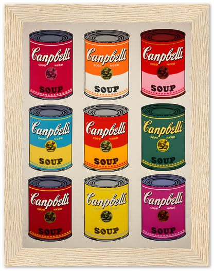 Colorful Andy Warhol-style Campbell's soup can prints on a framed display.