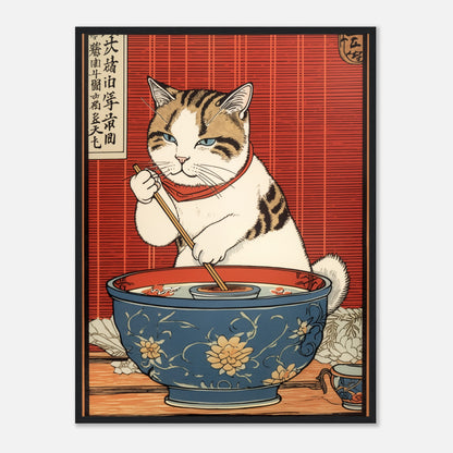 A traditional Japanese woodblock print of a cat eating from a bowl with chopsticks.