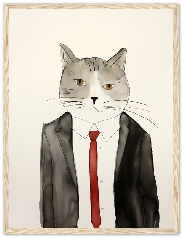 Illustration of a cat with human body in suit and tie, framed on a wall.